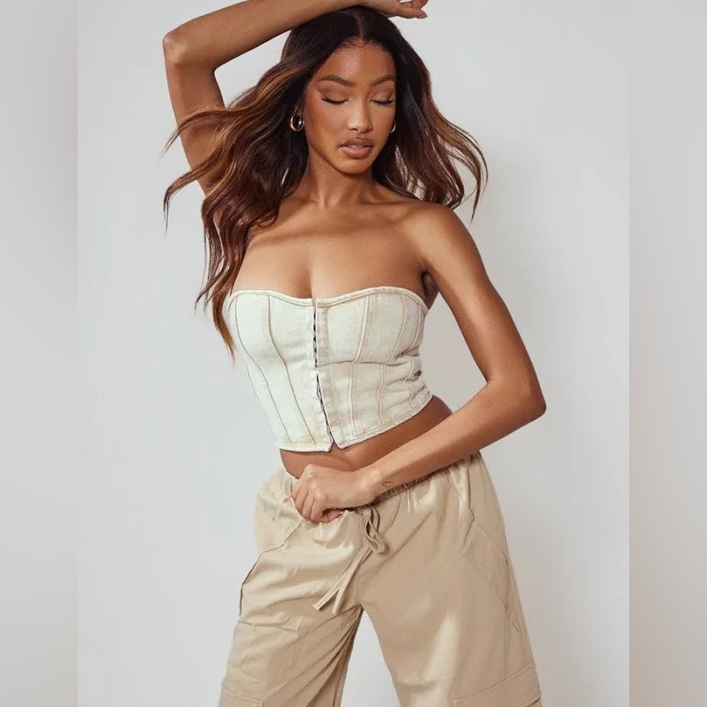 PrettyLittleThing Stone Wash Denim Corset‎ Top Hook and Eye Bustier US 8 NWT Y2K